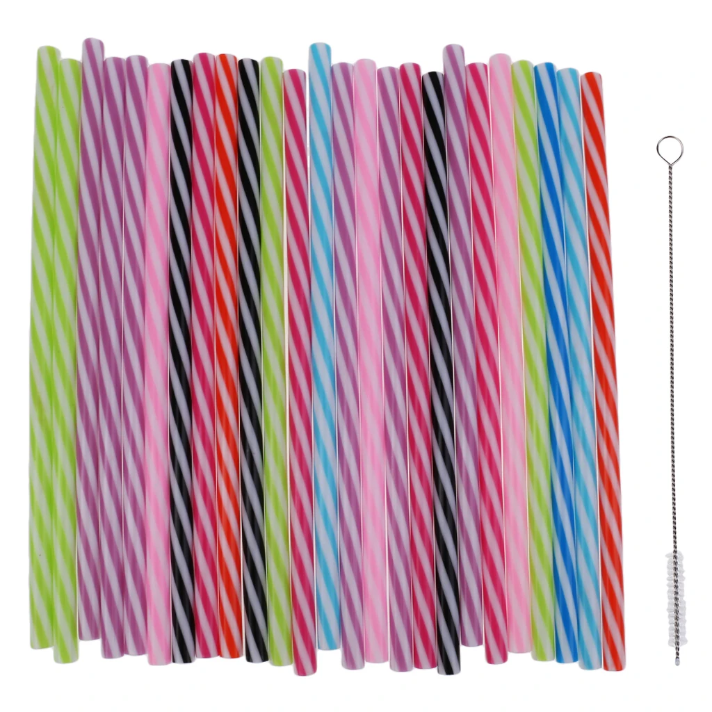 

25x Reusable Hard Plastic Stripe Jar Straws + 1x Brush Cocktail Drinking Bar