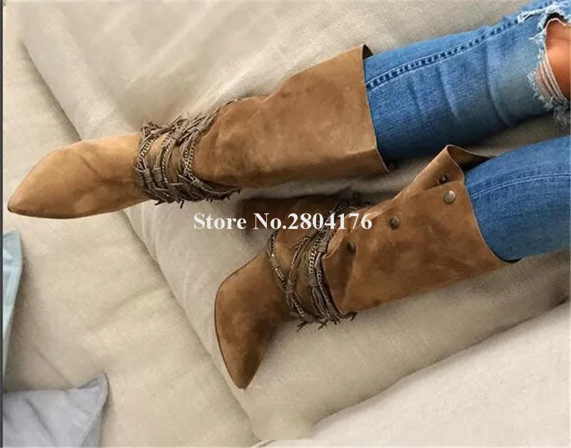 Новые модные женские замшевые кожаные ботинки с острым носком на массивном