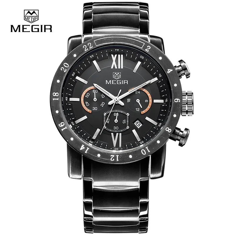 MS3008G-BLACK Топ люксовый бренд MEGIR спортивные мужские кварцевые часы стальной ремешок мужские s часы спортивные военные наручные часы водонепроницаемые Relogio - Цвет: MS3008G-BLACK