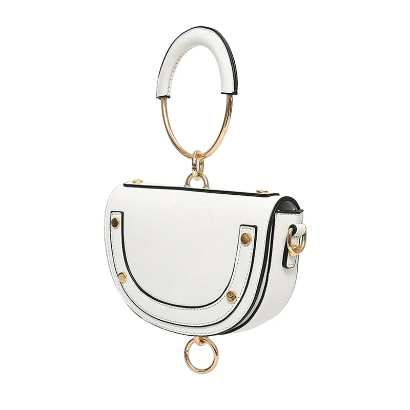 White handle bag Женская сумка-седло, модная полиуретановая полукруглая сумка с ручкой, натуральная кожа, сумка через плечо, Кожаная Мини сумка с кольцом B59 - Цвет: White handle bag