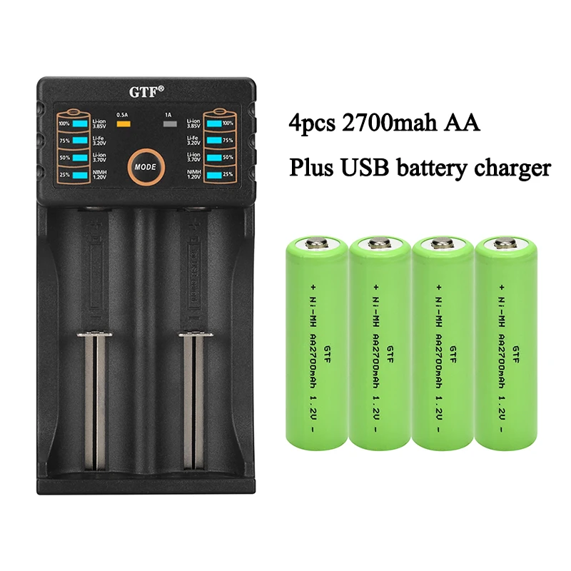 

GTF 4 шт. 100% Ёмкость 1,2 V 2700/2500mah AA Перезаряжаемые Батарея 700 мАч AAA металл-гидридных или никель Батарея с USB Батарея зарядное устройство