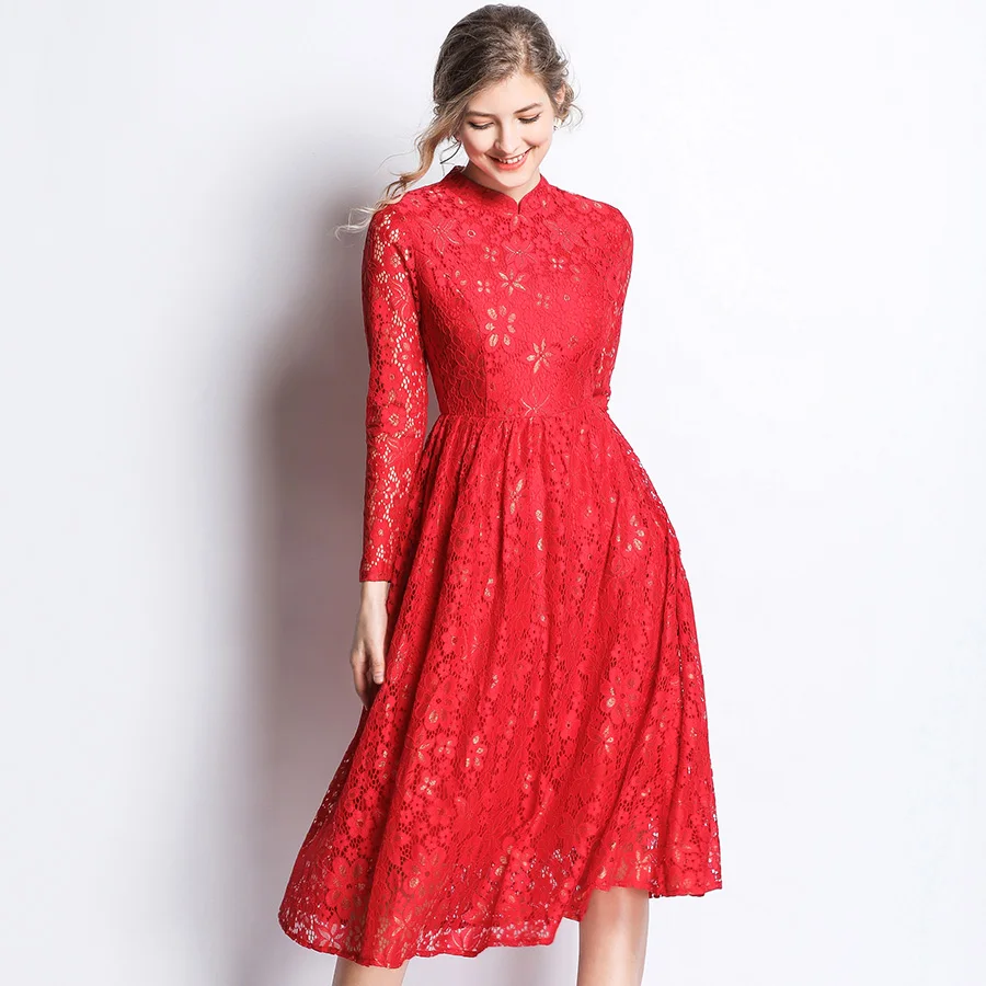 Женское кружевное платье с длинным рукавом облегающее повседневное винтажное