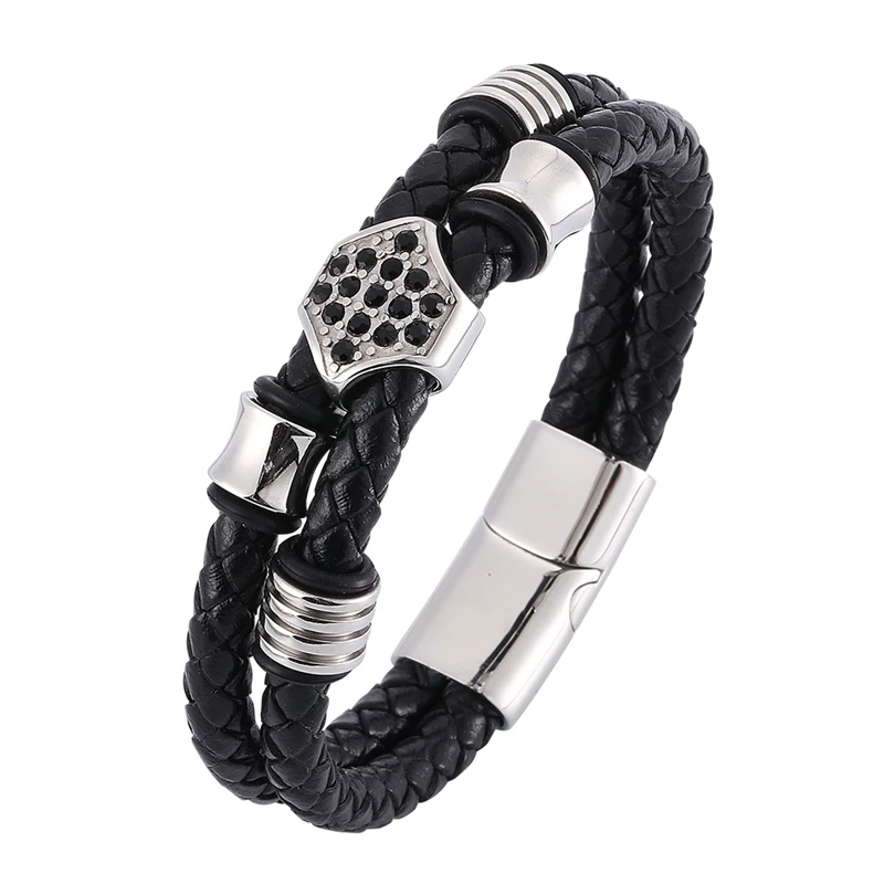 

Fashion Male Jewelry Punk Double Layer Black Braided Leather Men Bracelet Stainless Steel Magnetic Clasp Trendy Bracelet SP0336
