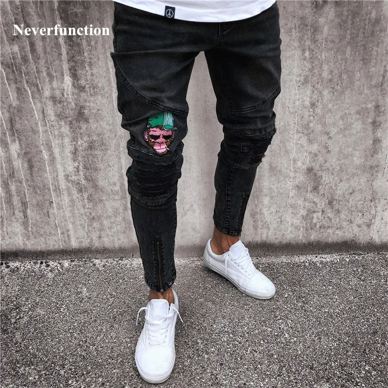 

2018 Fashion Mens Skinny black Jeans Ripped Slim fit Stretch Denim Frayed Biker Jeans Boys Embroidered Patterns Pencil Trousers