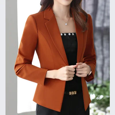 caramel colour Осенне-зимний женский костюм куртка короткие блейзеры Повседневные Топы черные на одной пуговице Тонкий деловой плащ Большие размеры однотонная женская куртка 4XL - Цвет: caramel colour