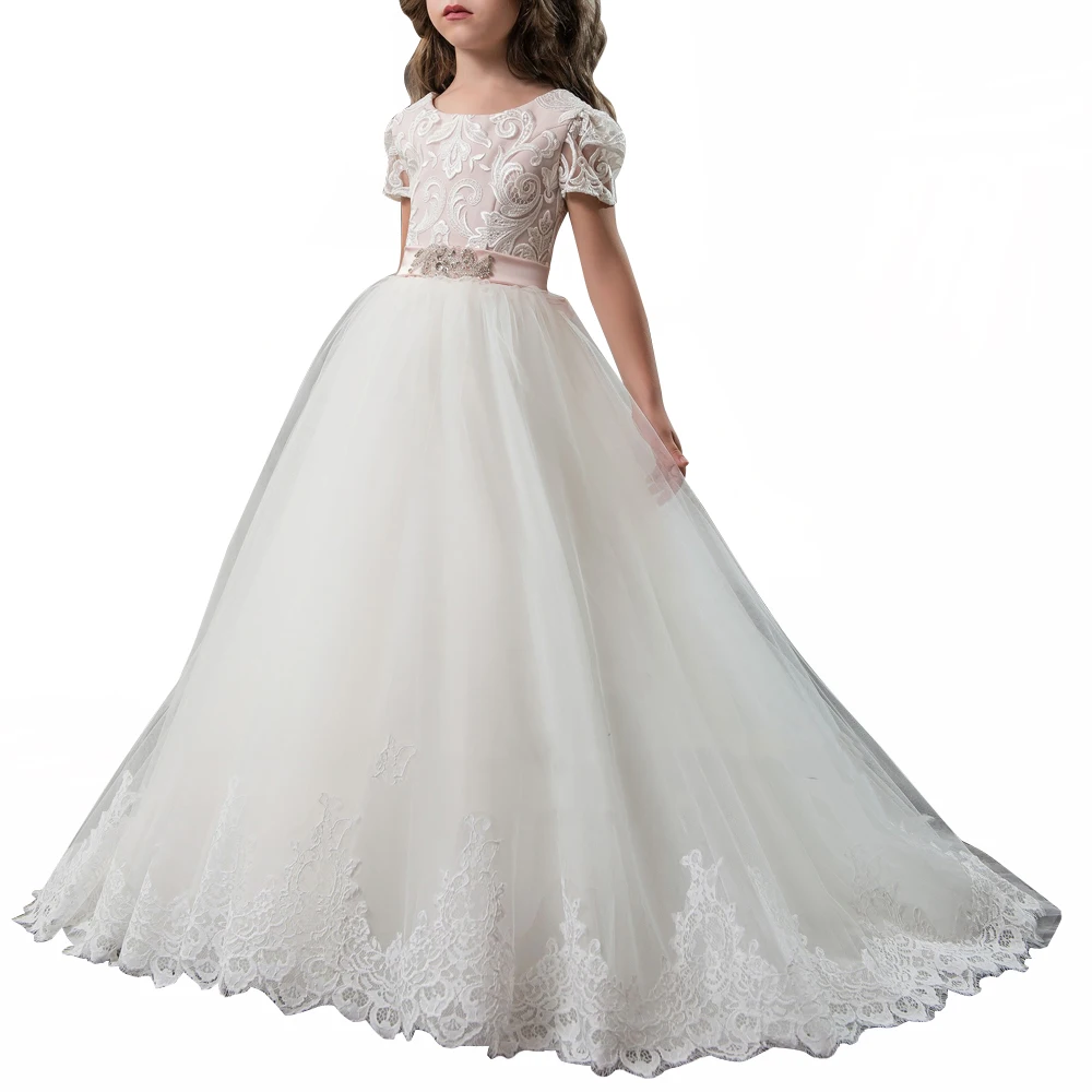 Fancy pink little girls dress long flower girl kids ball gown with sash first communion dresses for | Детская одежда и обувь