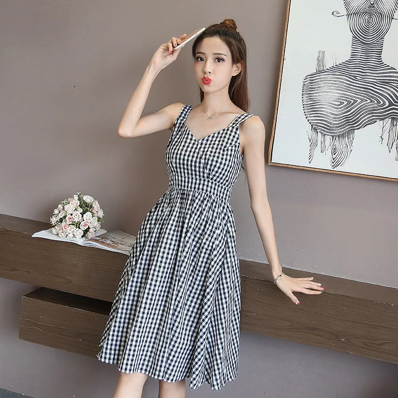 women summer black plus size 3XL plaid gingham dress | Женская одежда