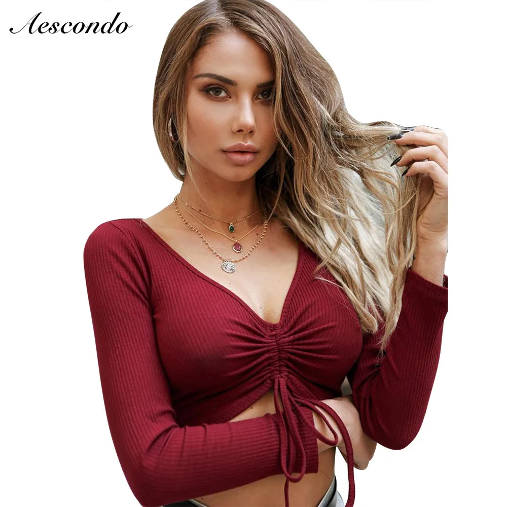 Новинка осени 2018 сексуальные короткие футболки с глубоким вырезом и v образным