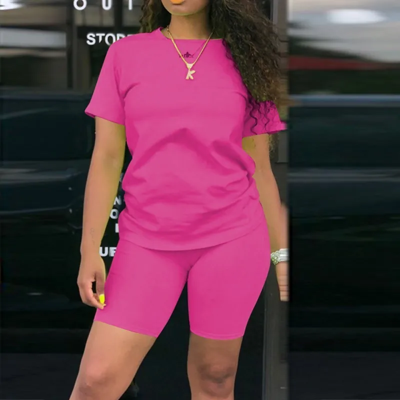 neon pink Летний комплект из двух предметов с шортами, неоновый зеленый женский топ с коротким рукавом и шорты, спортивный костюм, байкерские костюмы, комплект из двух предметов - Цвет: neon pink