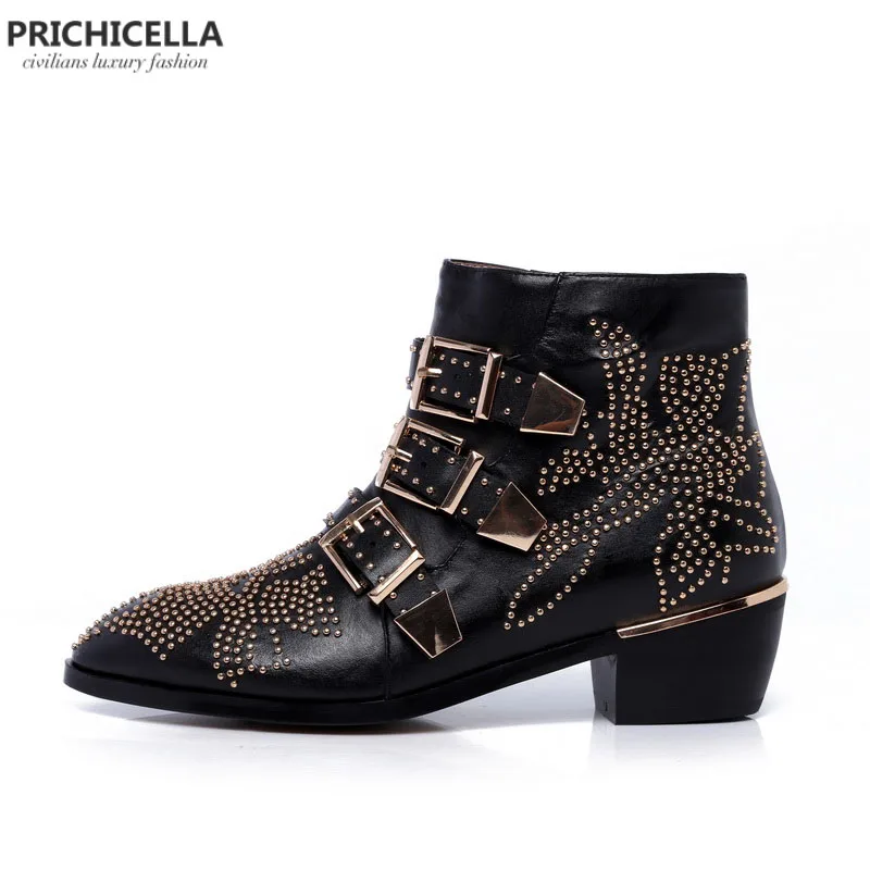 PRICHICELLA/женские ботильоны из натуральной кожи с золотистыми шипами и ремешком; ботинки-гладиаторы на низком каблуке с шипами