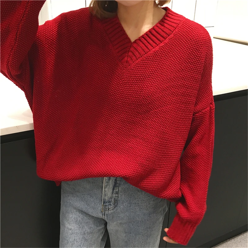 RUGOD Korean Style Casual Sweater Crocheted Pullover Women 2018 Fashion Spring Sexy V neck Long Sleeve Loose Jumper | Женская одежда