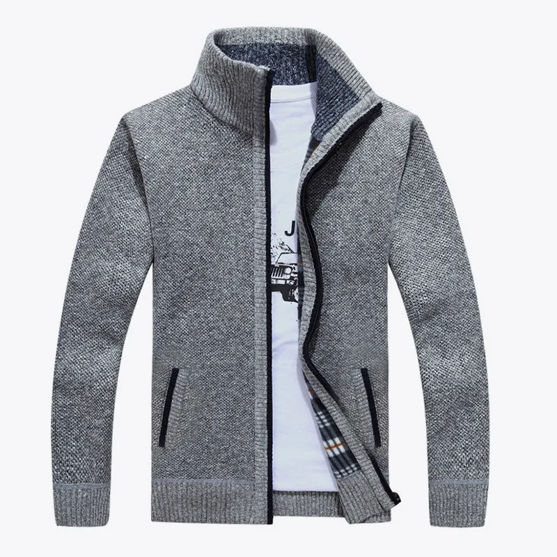 light gray Мужской толстый вязаный кардиган, трикотаж, Осень-зима, стоячий воротник, на молнии, теплый свитер, куртка, повседневный однотонный мужской кардиган, верхняя одежда для мужчин - Цвет: light gray