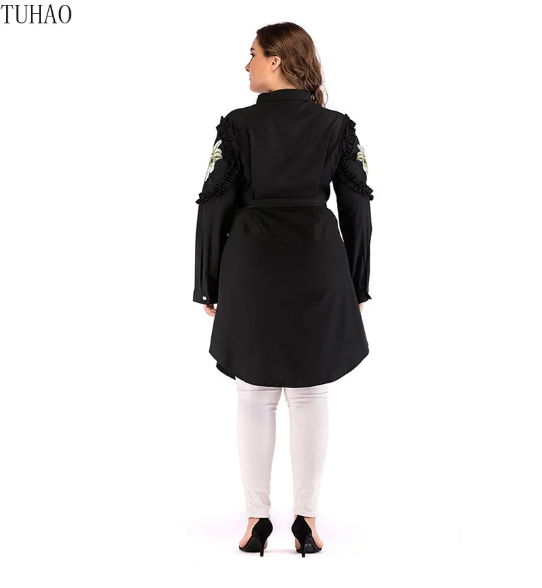 

TUHAO Spring Woman Emboidery Black Long Blouses Shirt Plus Size 5XL 4XL 3XL Loose Vintage Office Lady Blouse Shirts CMSZ