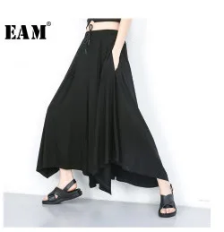 [EAM] Новинка весны summerFashion желтый свободные короткий рукав плиссированные раза асимметрия О-образным вырезом простые женские модельные S206