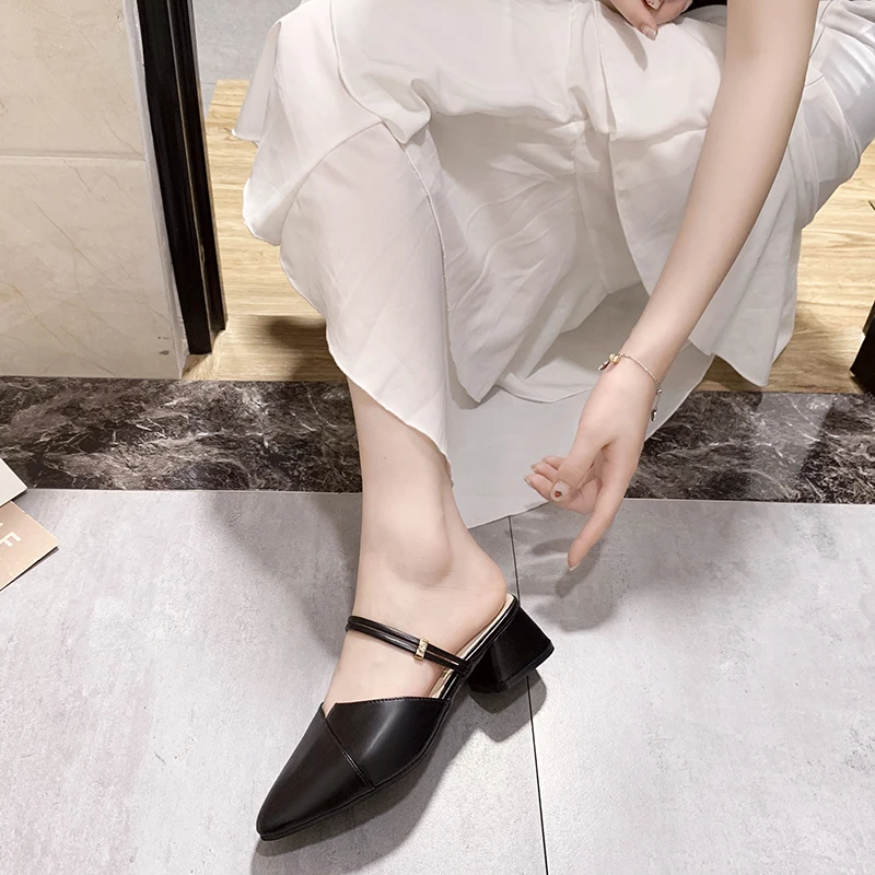 Party Women Mules Slipper Pointed Toe Block Strap Closed Shallow High Heels Shoes Sandals Black Beige Square heel Pumps