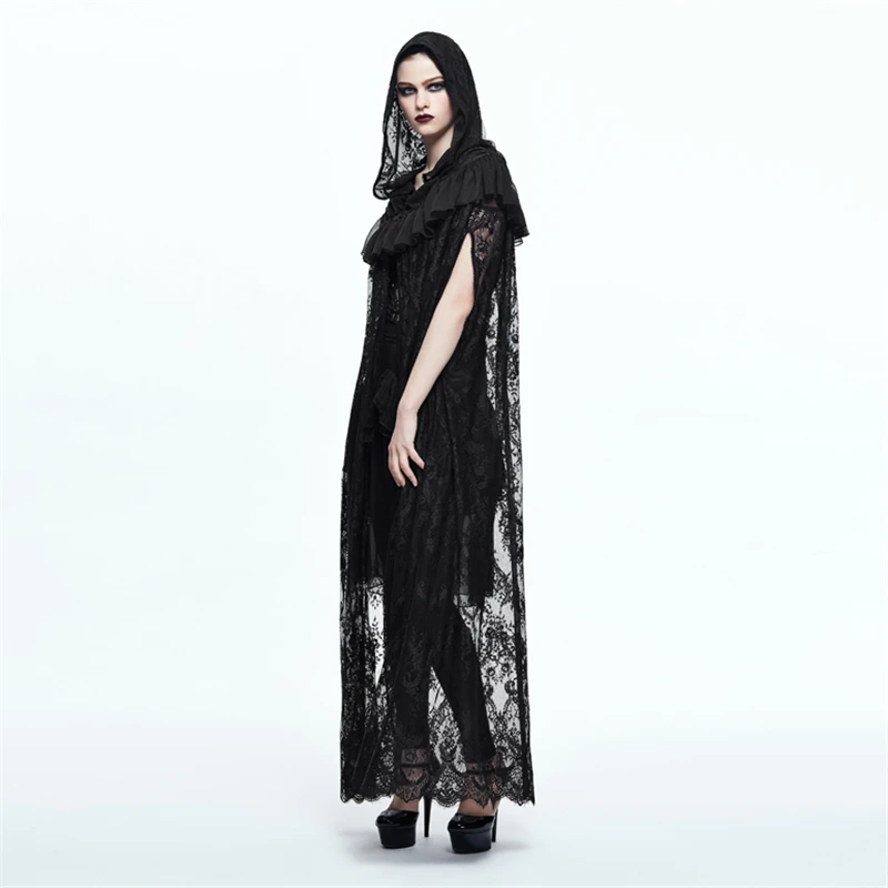 

Devil Fashion Punk Women X-Long Cape Black Hooded Lace Coats Hollow Out Falbala Cappa Cloak Cape Open Stitch Outwear