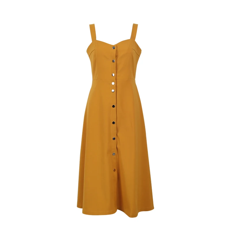 

PERHAPS U Yellow Button Square Collar Split Strap Midi Dress Fit And Flare Summer Elegant Party Women Female D0320