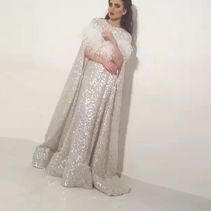 Арабское длинное вечернее платье официальный кафтан потрясающее Серебряное