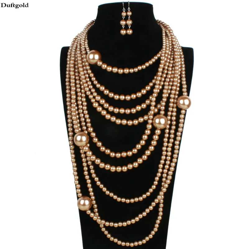 Мода Гипербола многоярусный жемчужный ожерелье на длинной цепочке серьги для