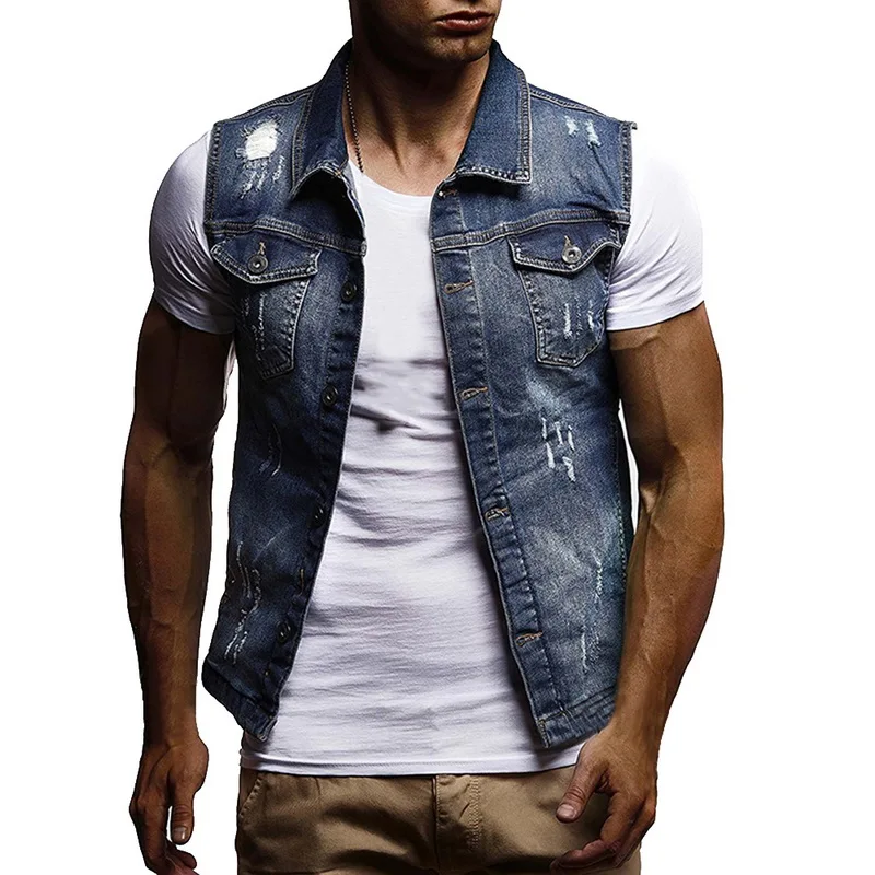 SHUJIN Для мужчин Slim Fit без рукавов Джинсовая куртка Летняя мода классический джинсовый жилет черный отложной воротник, джинсовый жилет