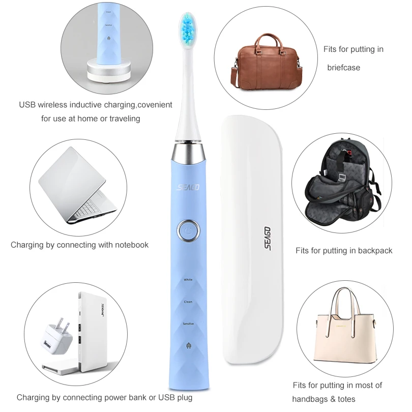 

SEAGO Electronic Toothbrush Automatic Timer Electrical Brush Dental Plaque Sonic Tooth Brush Electric Toothbrush with Case BLUE