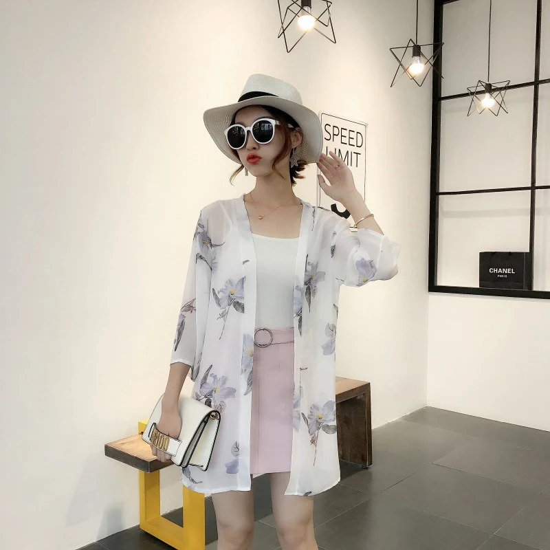 Модная женская рубашка с длинным рукавом Blusas куртка длинная свободная повседневная Sunblock укороченный шифоновый кардиган с принтом кимоно