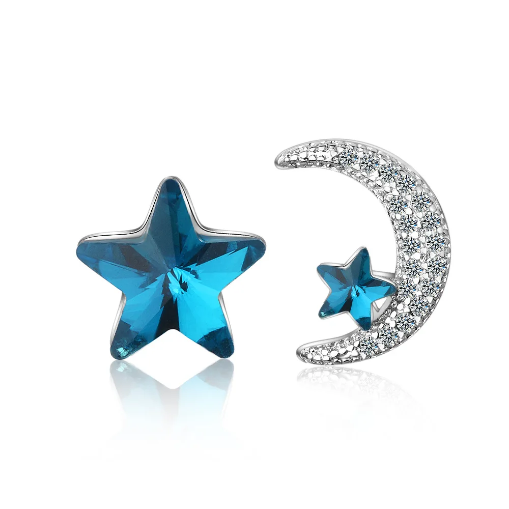 

New Arrival 925 Sterling Silver Sweet Asymmetrical Blue Star Moon Zircon Crystal Earrings For Women Birthday Gift Drop Shipping