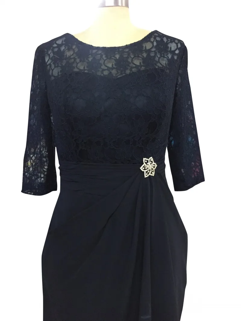 Темно синие по колено для матери невесты платье с рукавами три четверти Винтаж