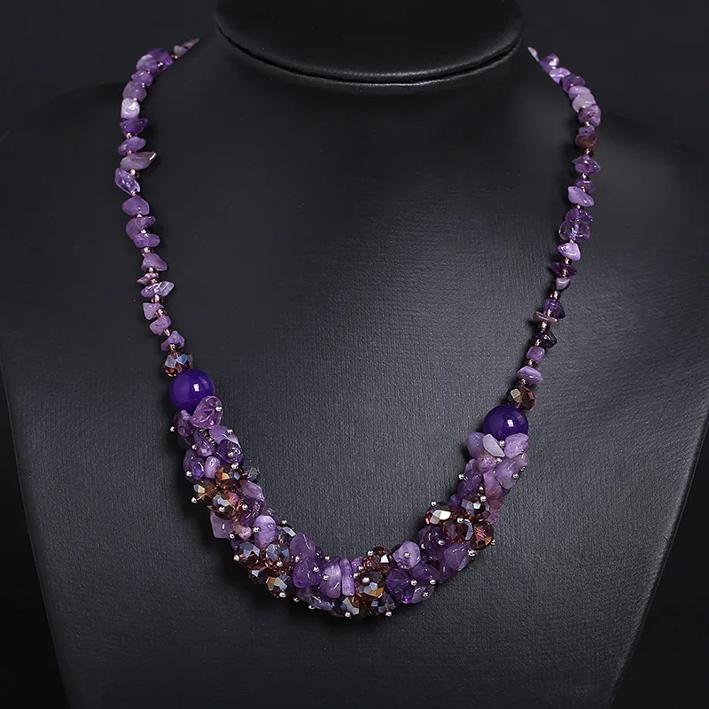 

Natural Irregular Amethysts Gravel Stone Beaded Necklaces Women Boho Choker Power Jewelry Purple Crystal Quartz Strand Necklace