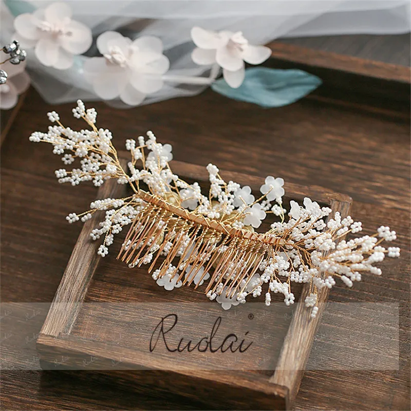 Ruolai, серебряные, золотые свадебные аксессуары для волос, ручная работа, Кристальный гребень для волос, свадебный головной убор, украшения для волос, женский цветочный головной убор HD13