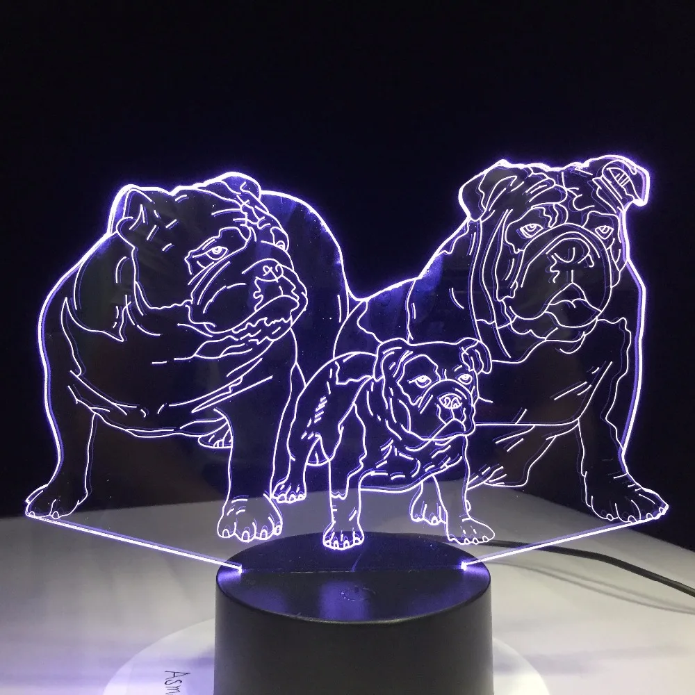 Мопса Семья 3D со светящимися вставками настольная лампа Новинка 7 цветов