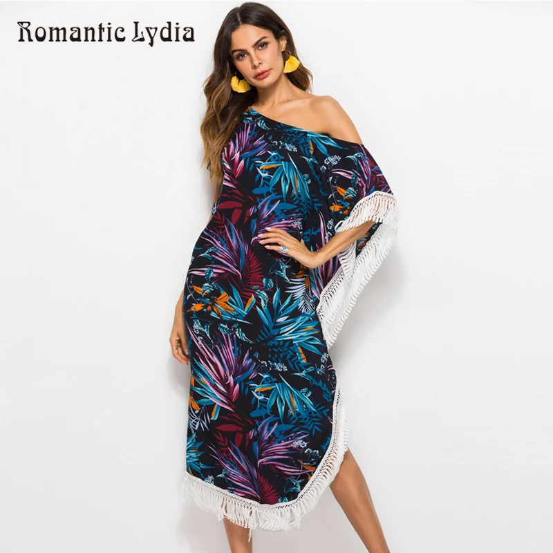 Для женщин халат богемный Цветочный принт на одно плечо с бахромой длинные