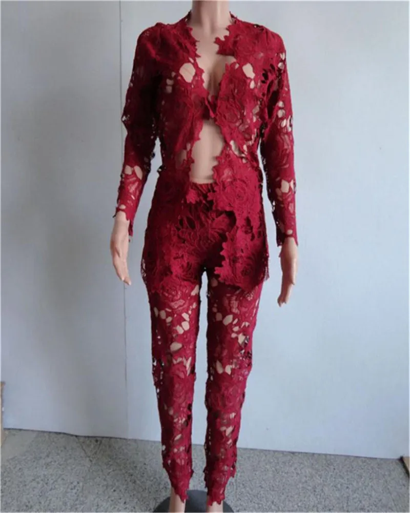 wine red Кружевная куртка с глубоким v-образным вырезом и длинными рукавами+ брюки; Повседневная модная пикантная Женская одежда из двух предметов в европейском и американском стиле; сезон весна-XXL - Цвет: wine red