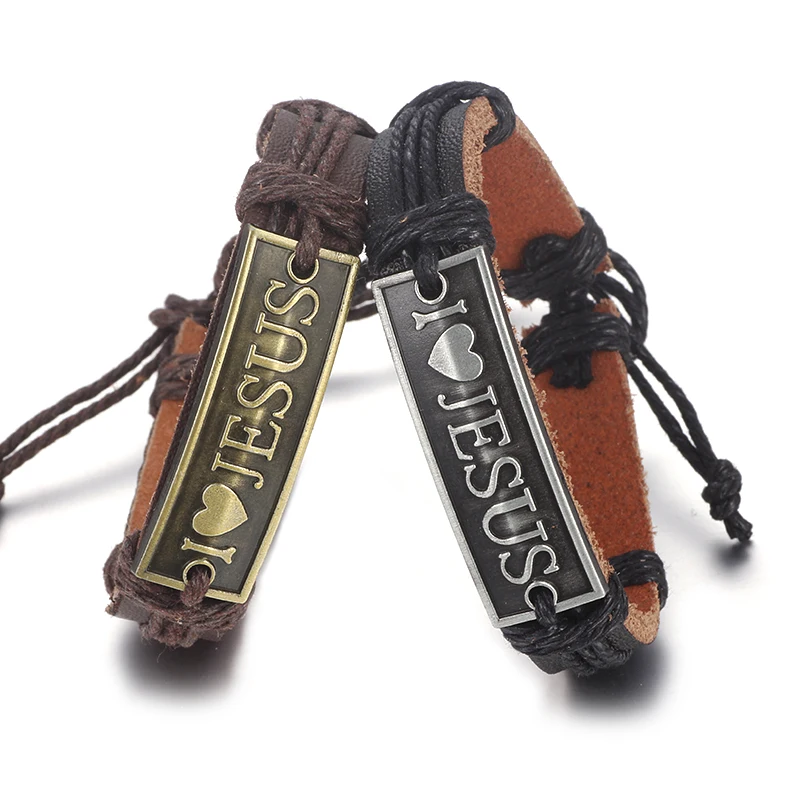 

Octbyna Vintage Genuine Leather Simple I Love Jesus Leather Bracelet Dropshipping Hot Sell 2018 Fashion Rope Bangles