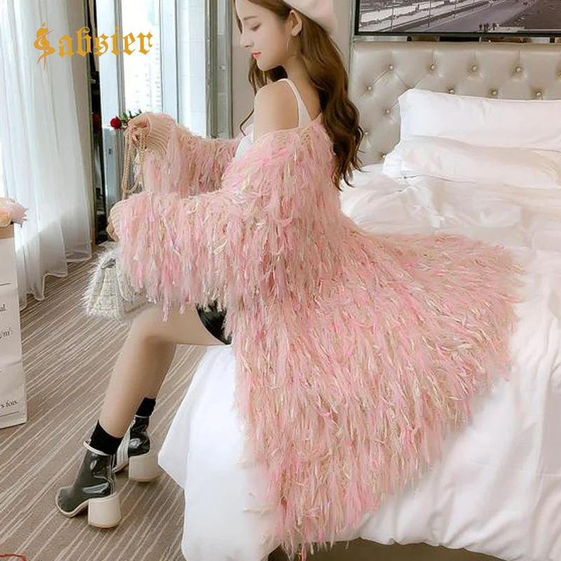 Women Knit Cardigans Long Sleeve Sweater Jumper Knitting Colored tassel cardigan female Loose V-neck Casual Coat XZ015 |