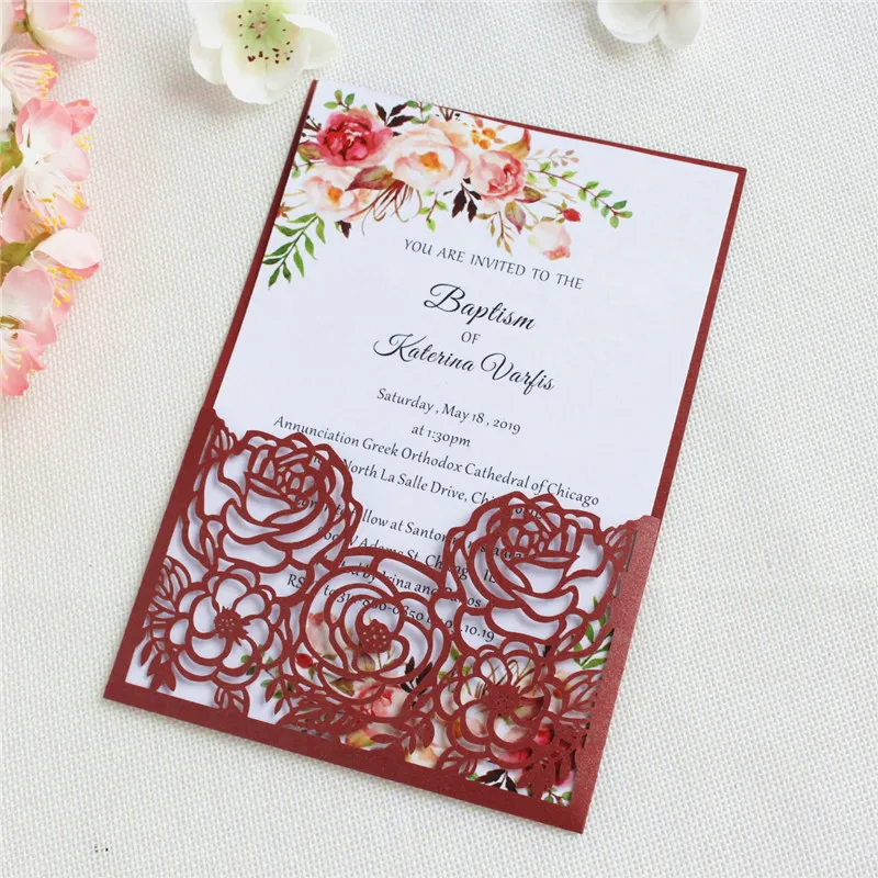 Бордовая Роза Лазерная резка приглашения карман с блестками конверт предложение