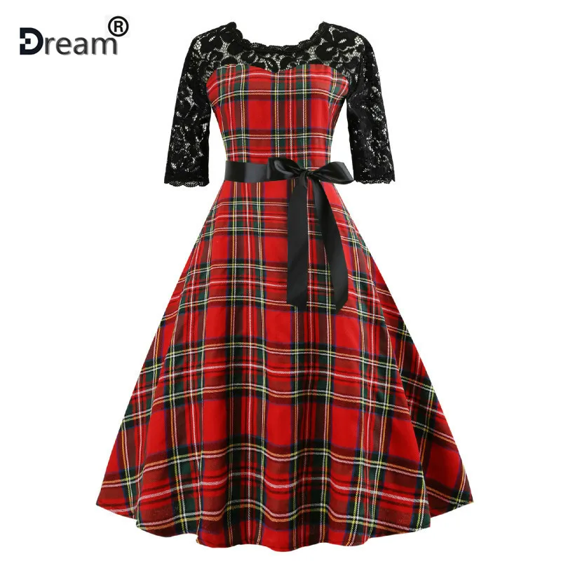 Осеннее кружевное Ретро винтажное платье облегающее клетчатое повседневное