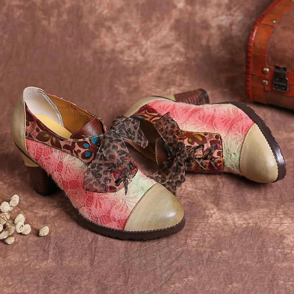 SOCOFY Elegance Genuine Sandals WomenLeather Splicing Lace Retro Pattern Comfortable Lace Up Pumps Elegant Shoes Woman