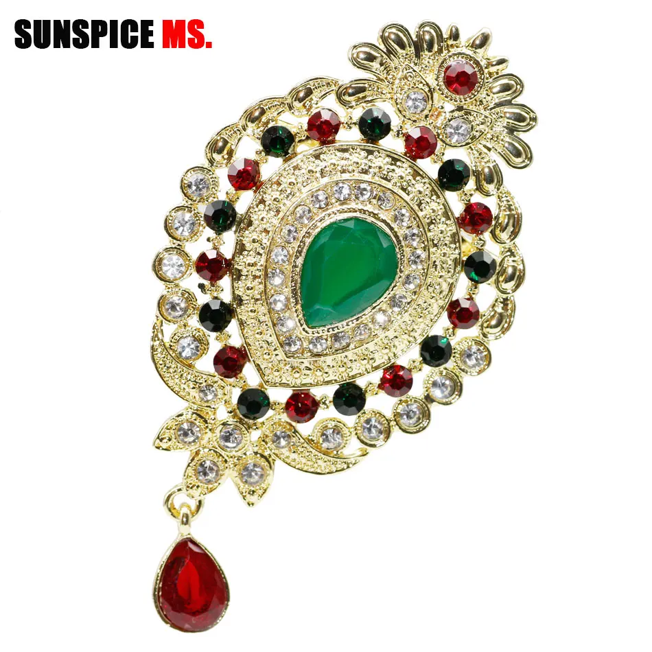 XY093GREEN SUNSPICE MS Винтажный Золотой Цвет Корона свадебная брошь женский шарф со стразами брошь шпильки марокканское этническое свадебное ювелирное изделие - Окраска металла: XY093GREEN