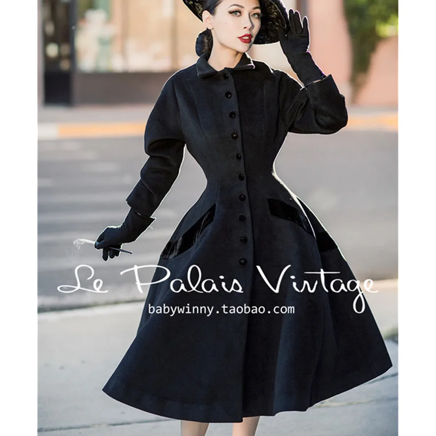 Женское длинное шерстяное пальто винтажное черное в стиле Одри Хепберн 50 х годов