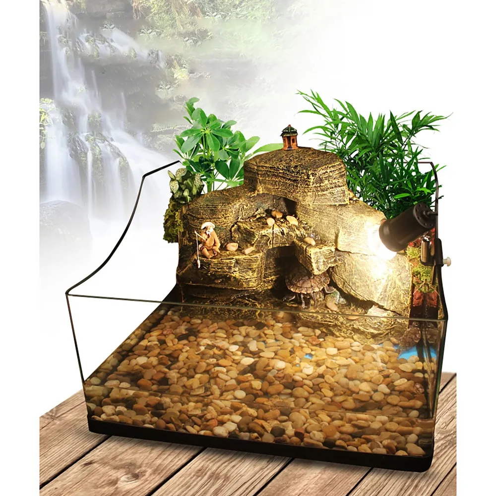 

Aquatic Turtle Tank Kit Aquarium Vivarium with Waterfall Background Basking Platform Light Decoration Filter Pump Rainforest Kit