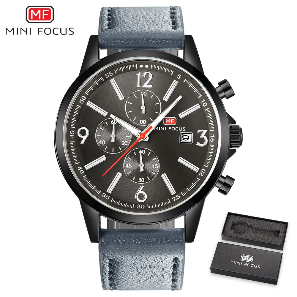 Grey With Box MINIFOCUS модные Повседневное Хронограф Дата часы мужской военный Спорт Кварцевые часы черный Кофе кожа наручные часы для Для мужчин мужскиемилитари водонепроницаемые часы - Цвет: Grey With Box