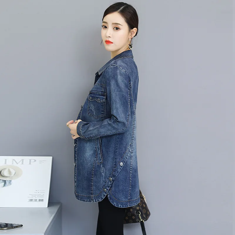 2019 Basic Long Jeans Coats Women Slim Ripped Denim Jacket Femme Elegant Vintage Frayed Jackets Outwear Casacos Feminino Clothes | Женская