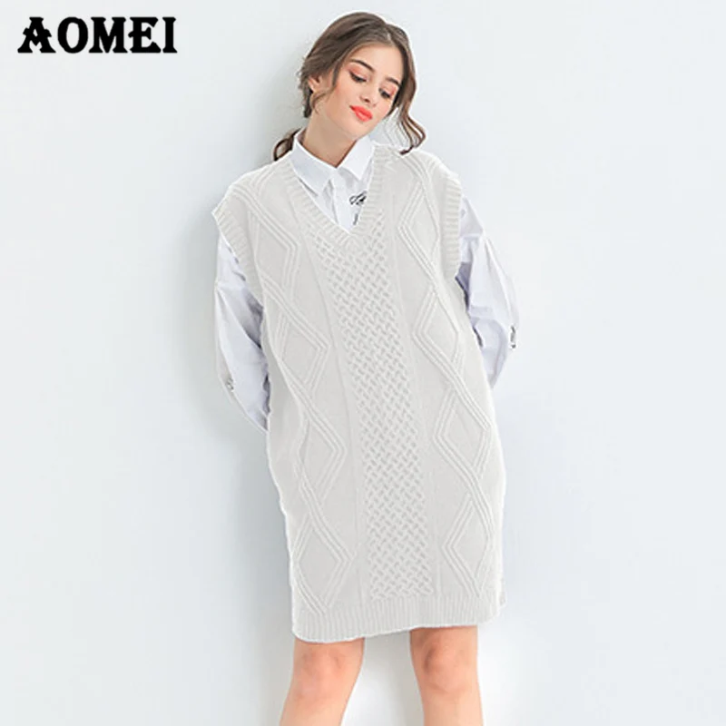 Осенний вязаный свитер жилет платье без рукавов корейский стиль оранжевый синий