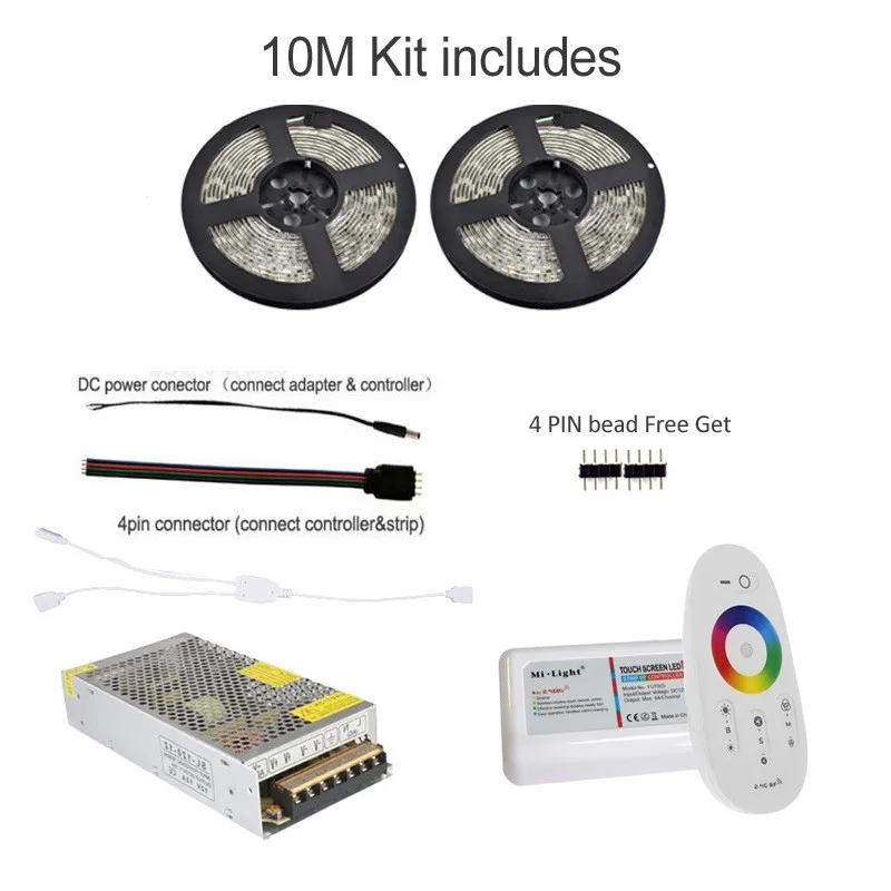 5 м 10 м 15 м 20 м Светодиодная лента RGB Водонепроницаемая 5050 SMD 60 светодиодов/м лента DC 12 В+ РЧ пульт дистанционного управления с регулируемой яркостью+ адаптер питания 1 комплект