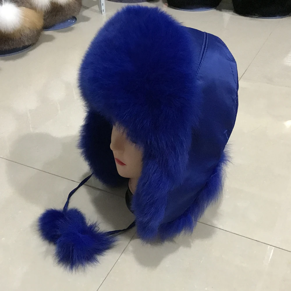 Шапка бомбер из натурального Лисьего меха зимняя теплая Женская Пушистая ушанка