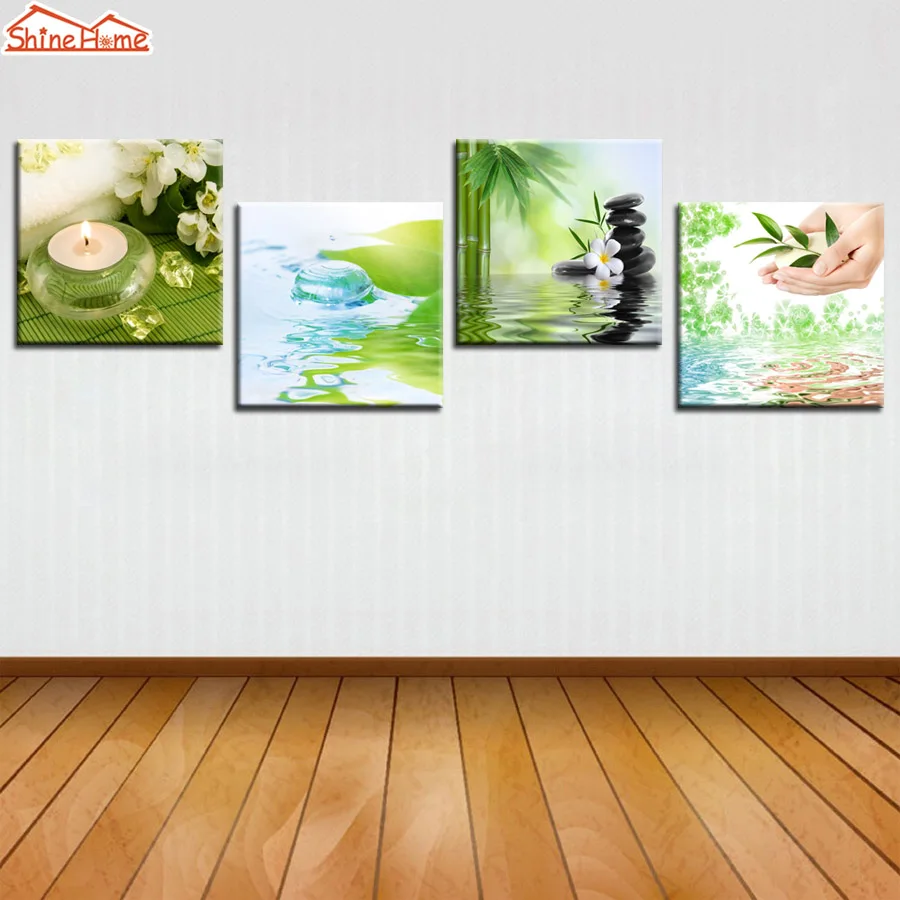 ShineHome-4pcs картины Отпечатки На Холсте Зеленый Модульные Стены Живопись Спа Ногтей