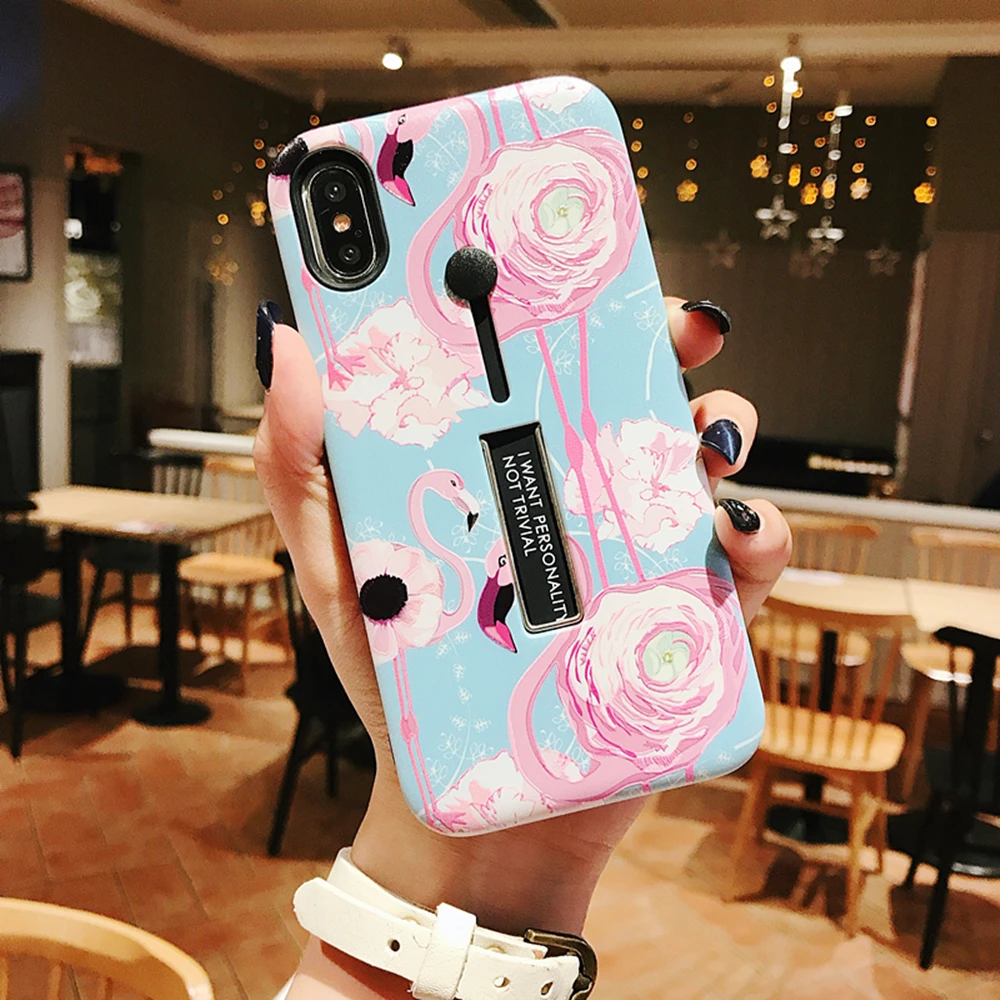 Hide Ring Stand Holder Silicon Cover For iPhone X XS MAX XR Beautiful Pink Flamingo Relief Phone Case 6 6S 7 8 Plus |