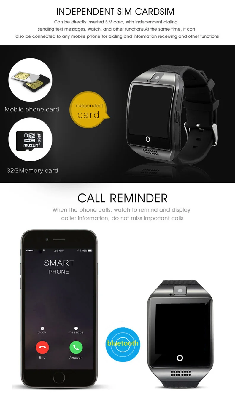 15 шт. Смарт часы Q18 арочная поверхность сенсорный экран камера SIM TF карта Bluetooth smartwatch телефон для Android, по DHL