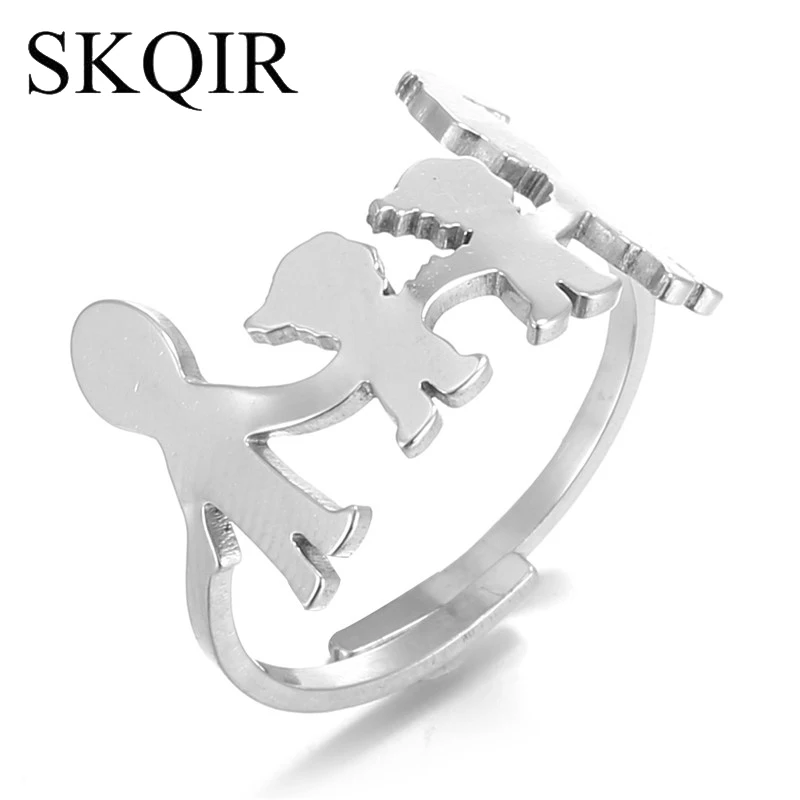 

SKQIR Love Mom Dad Little Boys Figure Rings For Women Cute Silver Stainless Steel Family Engagement Aros Ring Party Gift Brincos